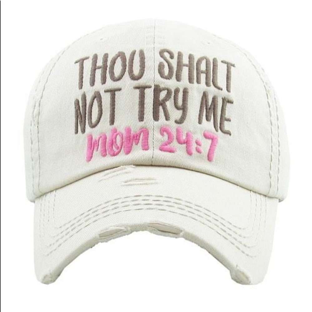 Khaki “Thou Shalt Not Try Me” distressed hat